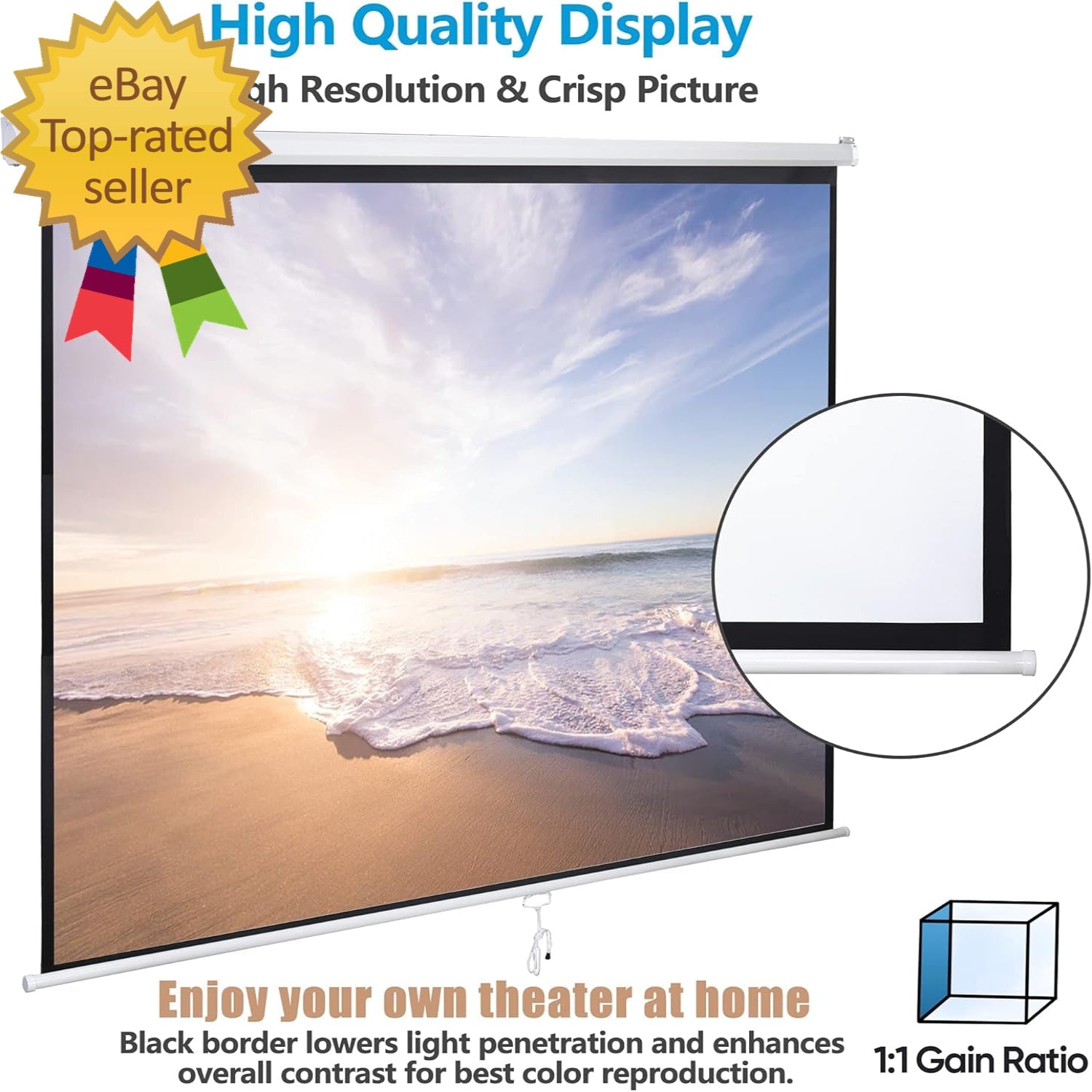 120'' Projector Screen, Retractable Projection Screen Manual Pull down HD Screen